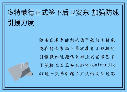 多特蒙德正式签下后卫安东 加强防线引援力度